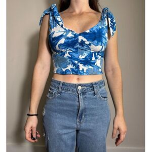 Zara Blue and White Floral Crop Top with Ties Size Medium